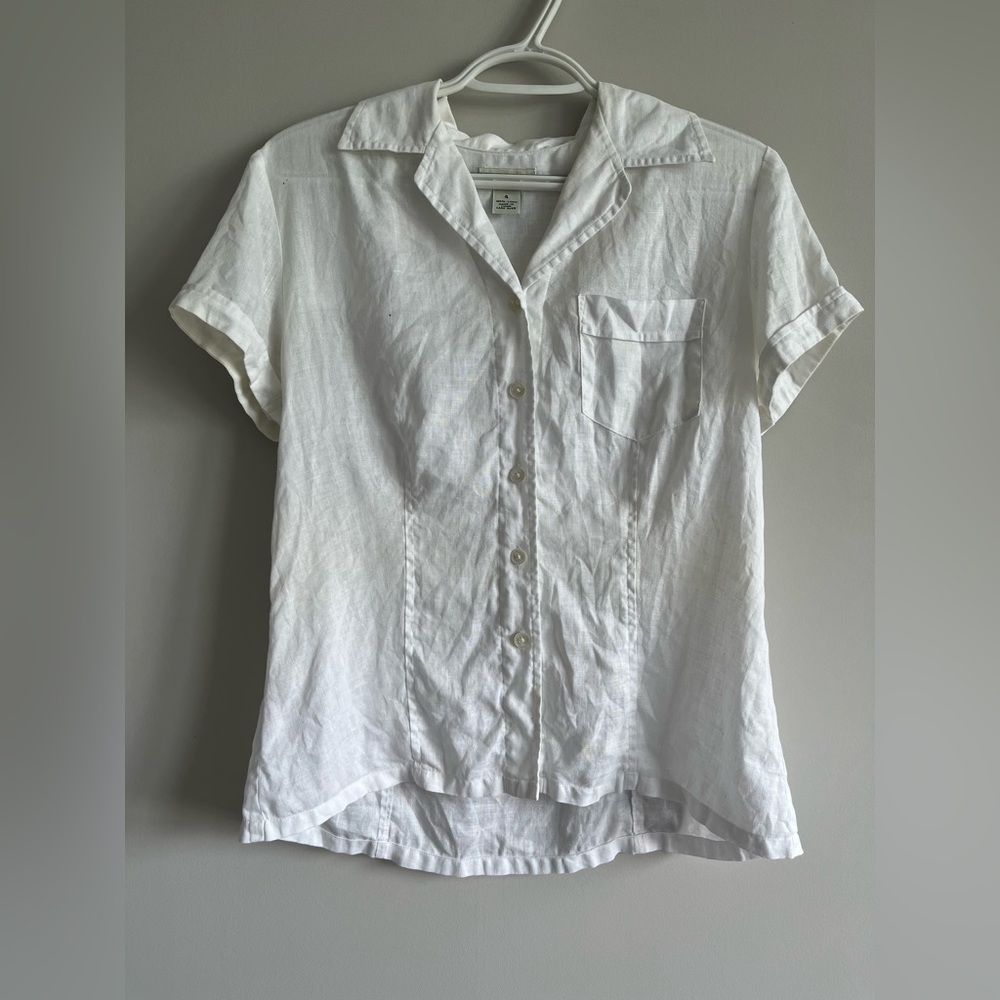 Vintage Ann Taylor Linen Button Up White Collared Short Sleeve Blouse